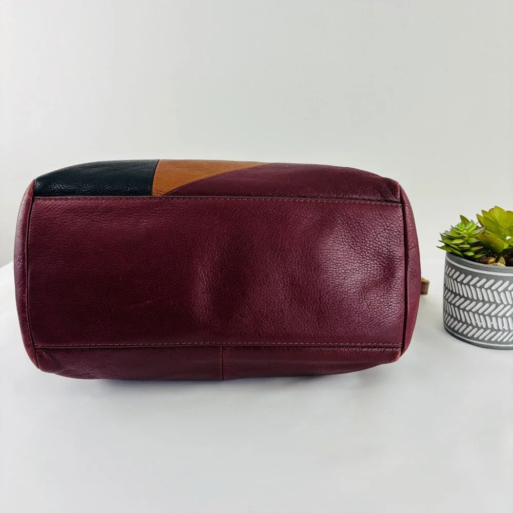 Fossil Burgundy Brown Leather Geometric‎ Patchwork Satchel Crossbody Bag